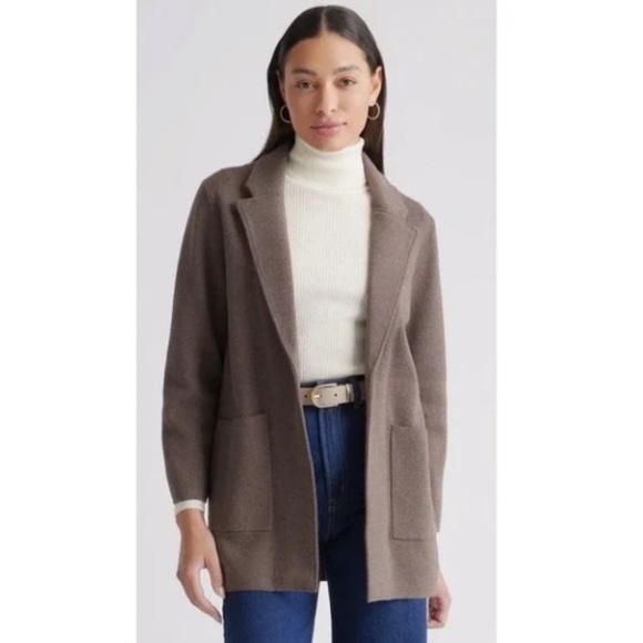 QUINCE WOMENS COTTON KNIT BLEND BLAZER HEATHER BROWN SIZE LARGE CARDIGAN SWEATER - Picture 1 of 5